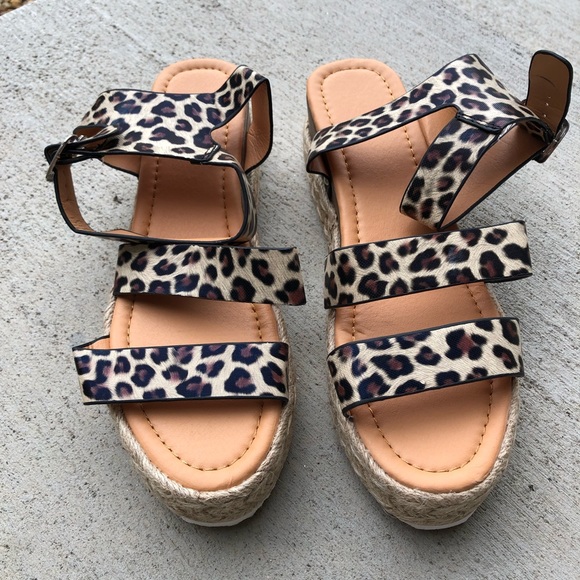 Leopard Ankle Strap Espadrille Wedge Sandals - Picture 3 of 5